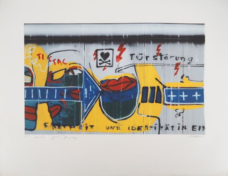 Peter Klasen Peter Klasen

柏林墙，涂鸦

梭织纸上的原始绢印画

用铅笔签名

合理的HC和专门的 "为雅克

织纹纸上 58 x &hellip;