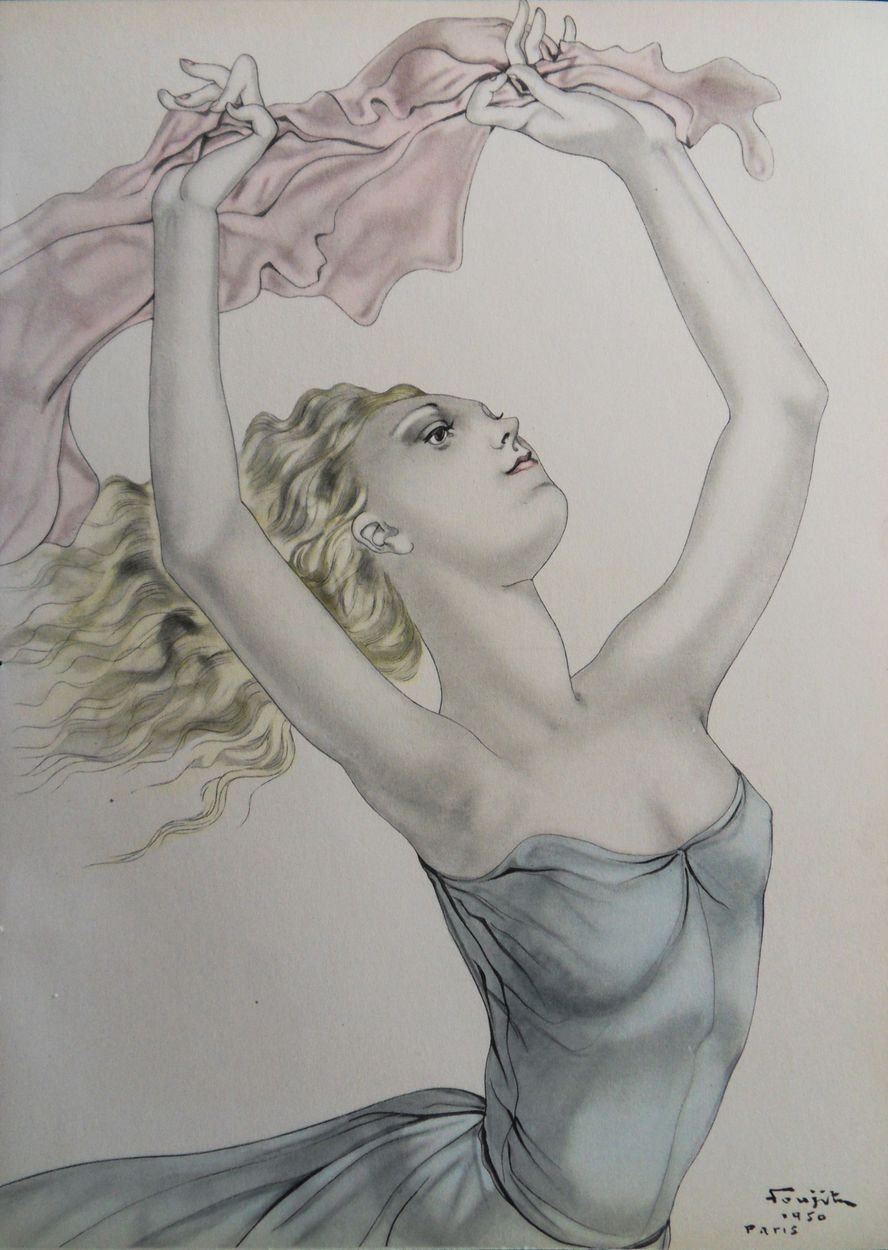 Tsuguharu Foujita Léonard FOUJITA

戴着粉色围巾的舞者》（1950年）。



精制羊皮纸上的照相术和模板

板块中的签名

&hellip;