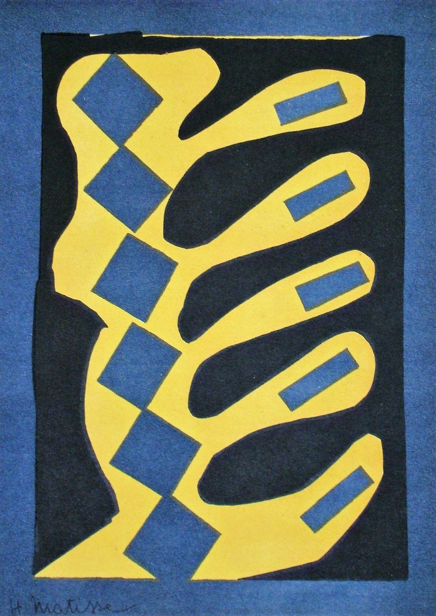 Henri Matisse 亨利-马蒂塞（后） ( 1869 -1954 )

黄蓝黑构图，1954年



乳白色牛皮纸上的三色石版画。

在印刷版的左下方有&hellip;