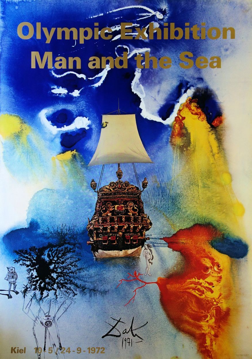 Salvador Dali 萨尔瓦多-达利（后）
人与海》, 1972年

罕见的原始复古海报
采用高密度胶印和金属油墨印刷
板块中的签名
为 "人与海 "展览&hellip;