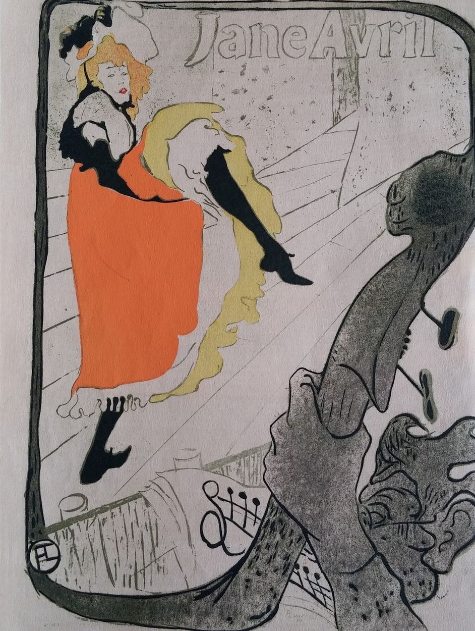 Henri de Toulouse-Lautrec 亨利-德-图卢兹-劳特克（后）。
简-艾薇儿在法国康康舞会上

根据原始海报制作的石版画和钢印
精美的牛皮纸&hellip;