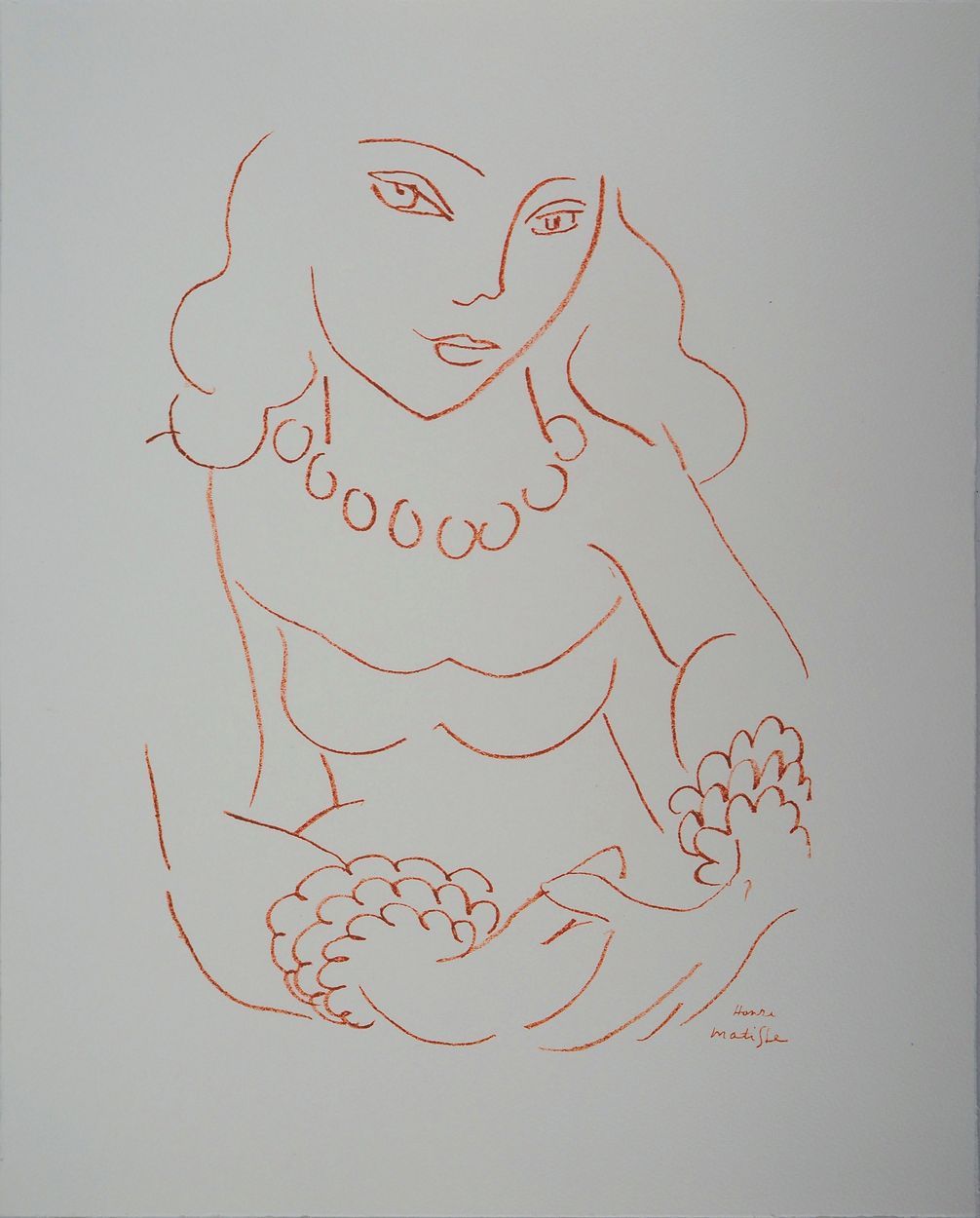 Henri Matisse 亨利-马蒂斯（1869-1954）（后）。
戴珍珠项链的女士

石版画，根据该艺术家的画作
版面上有签名
牛皮纸上 41×33.5厘&hellip;