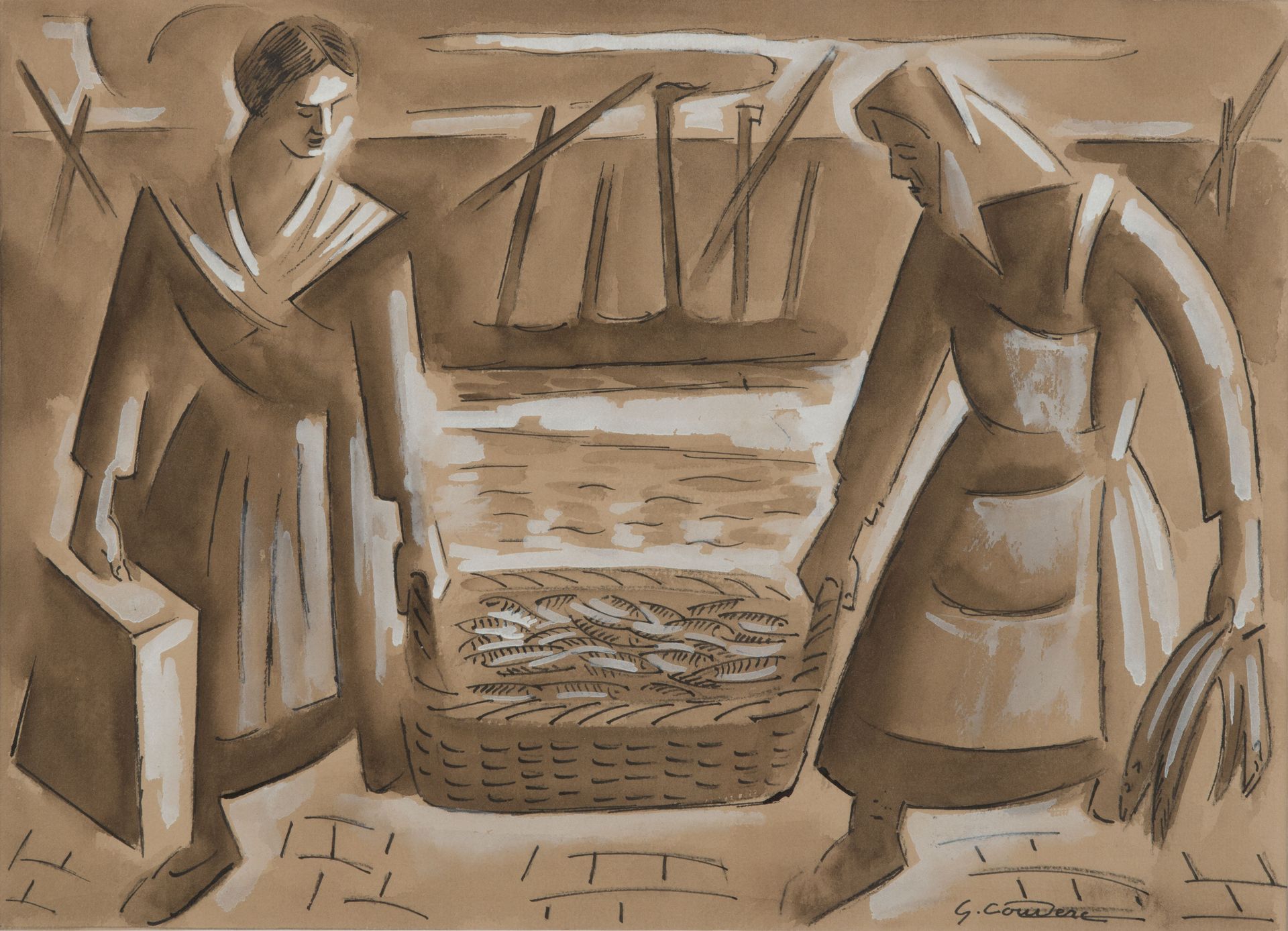 Null 加布里埃尔-库德克（1905-1994）。 
鱼贩子。 
水墨和白色高光，右下方签名。 
高度：24厘米。长24-34厘米（视线）。