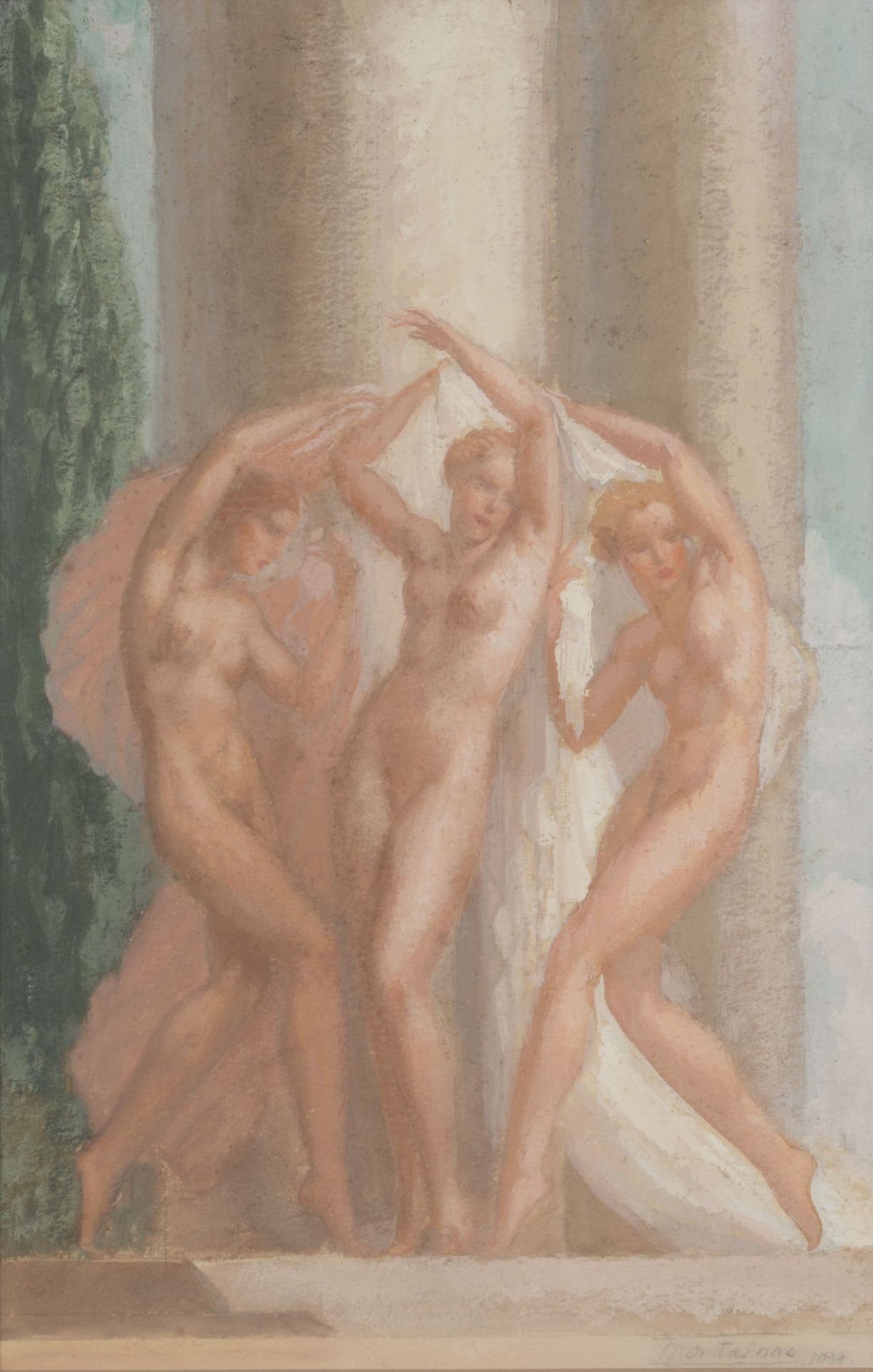 Null 皮埃尔-保罗-蒙塔纳克（1883-1961）。 
三女神》。 
纸上水粉画，右下方有签名和日期1934年。 
高：40厘米。40 - 宽度：26厘米
