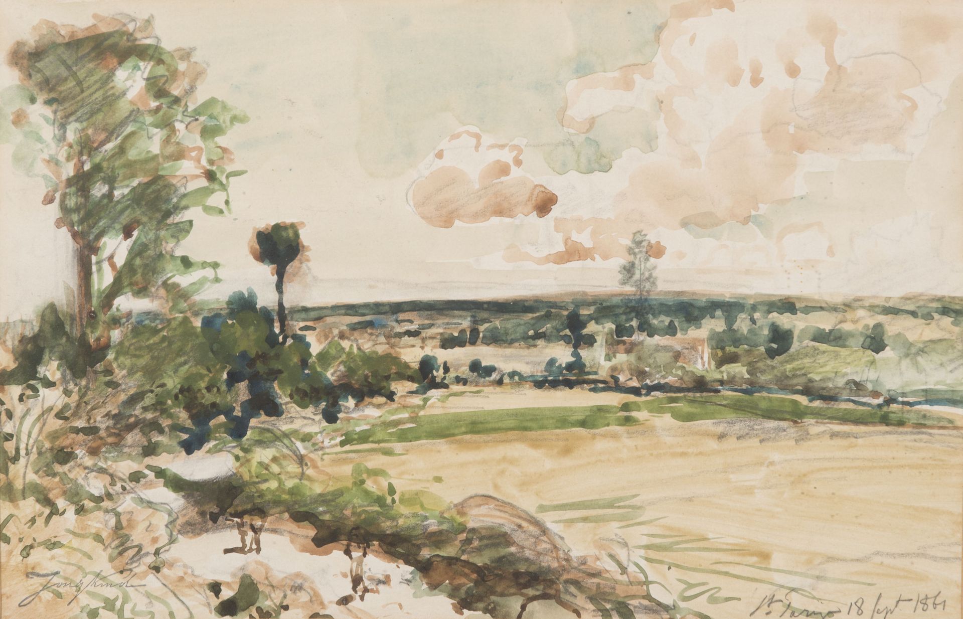 Null 约翰-巴托尔-琼金德（1819-1891）。 
尼瓦尔河畔的圣帕里泽勒沙特尔的风景。 
水彩画左下方有签名章，位于 "圣帕里泽"，右下方有日期 "18&hellip;