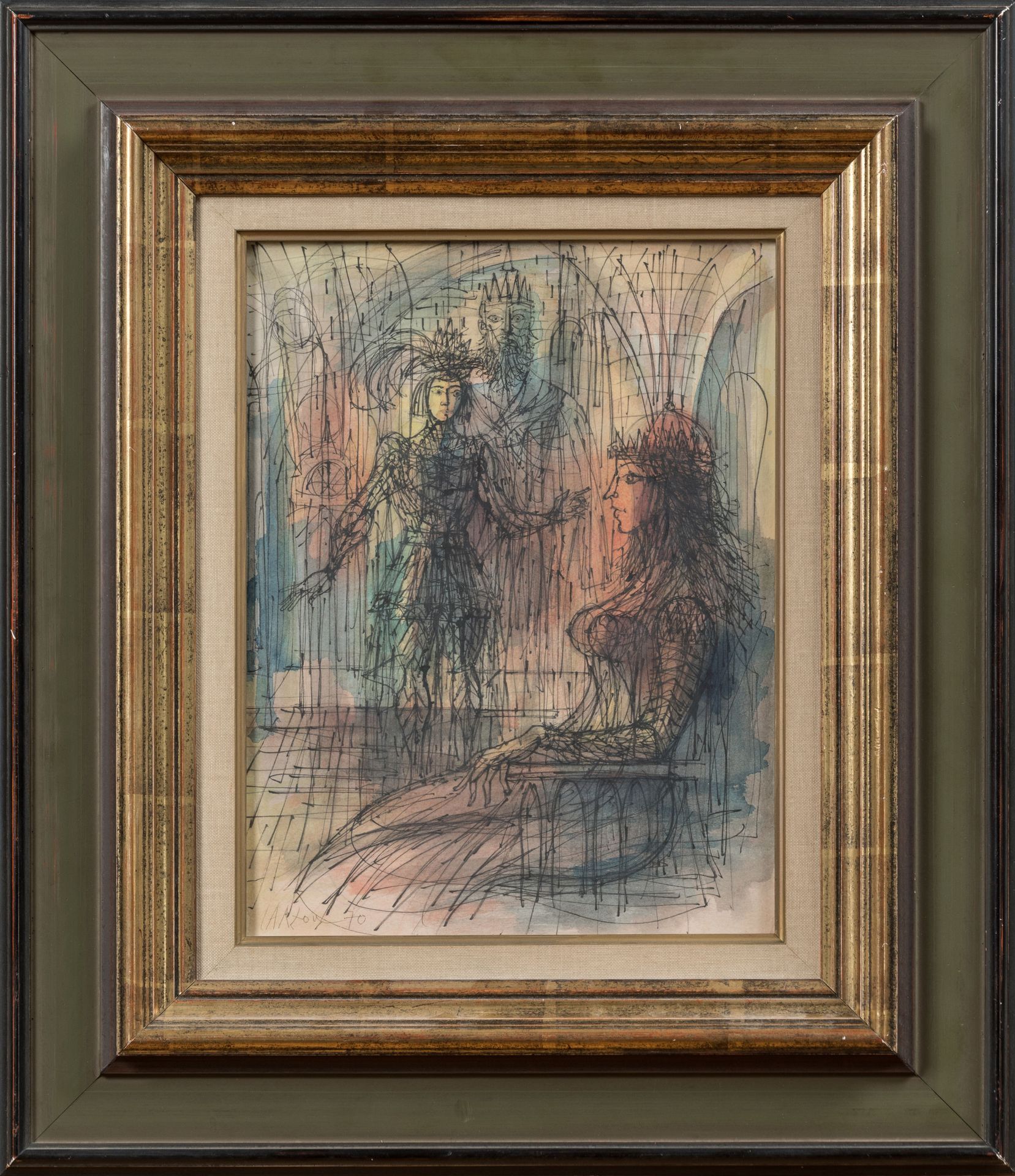Null 让-卡尔祖（1907-2000）。 
哈姆雷特》中的场景。 
水彩画，左下方有签名和日期1970年。 
高：32厘米。32 - 宽度：24厘米（见图）&hellip;