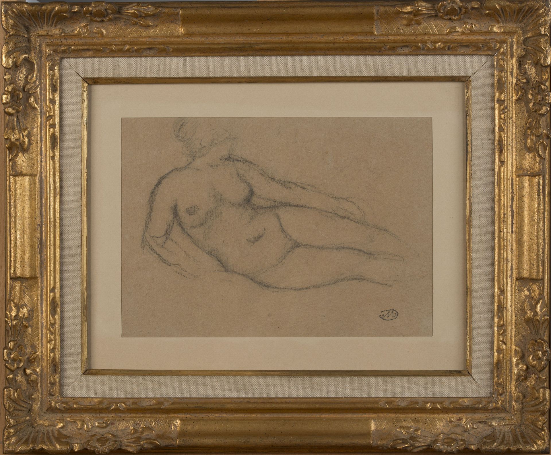 Null Aristide MAILLOL (1861-1944)。 
躺着的女性裸体。 
炭笔，右下方有艺术家的印章。 
高：20厘米。20 - 宽度：28厘&hellip;
