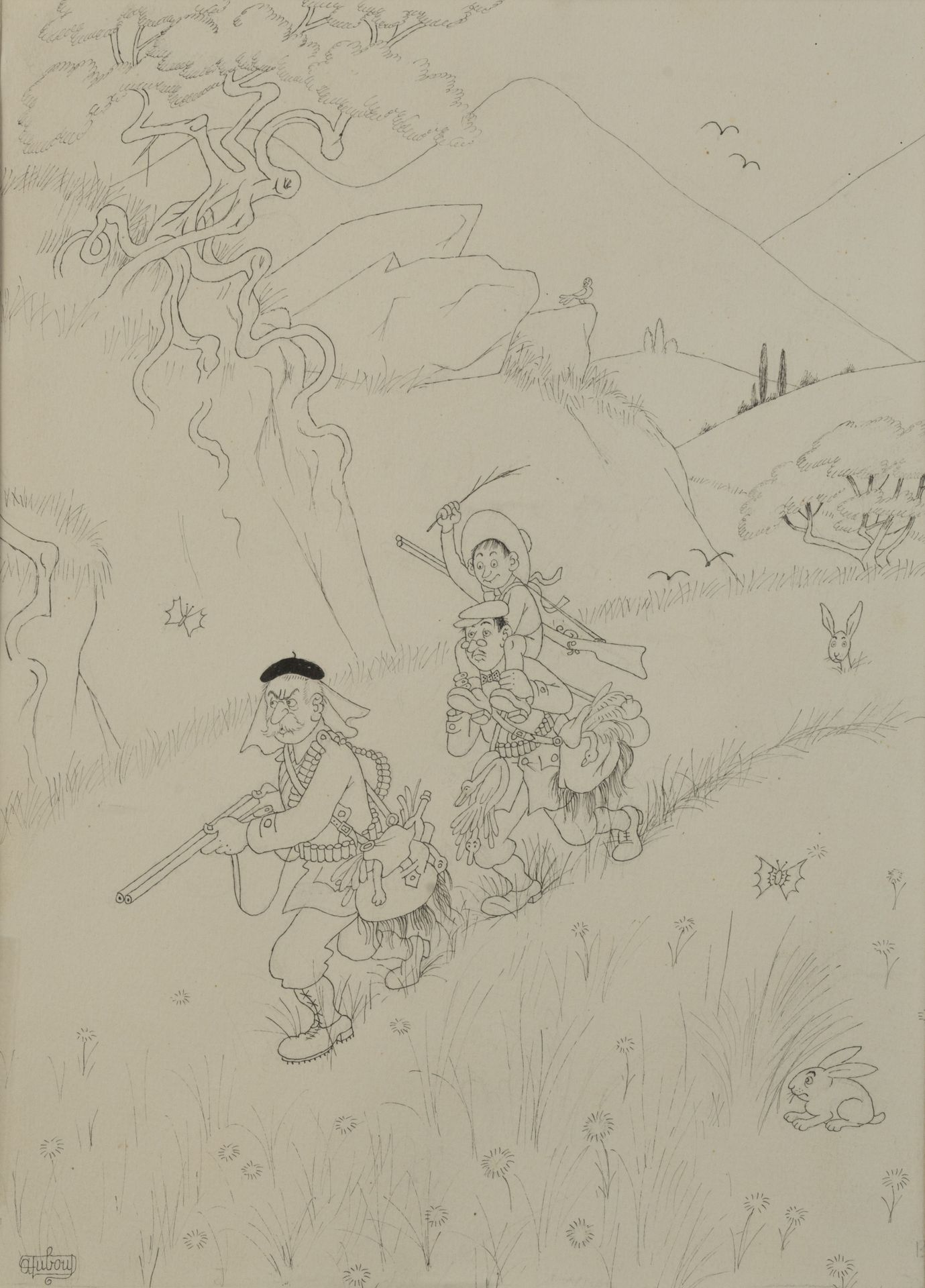 Null 阿尔伯特-杜布特（1905-1976）。 
猎人》。 
左下角有水墨签名。 
高度：30.5厘米30,5 - 宽度：22厘米（见图）

为马塞尔-帕尼&hellip;