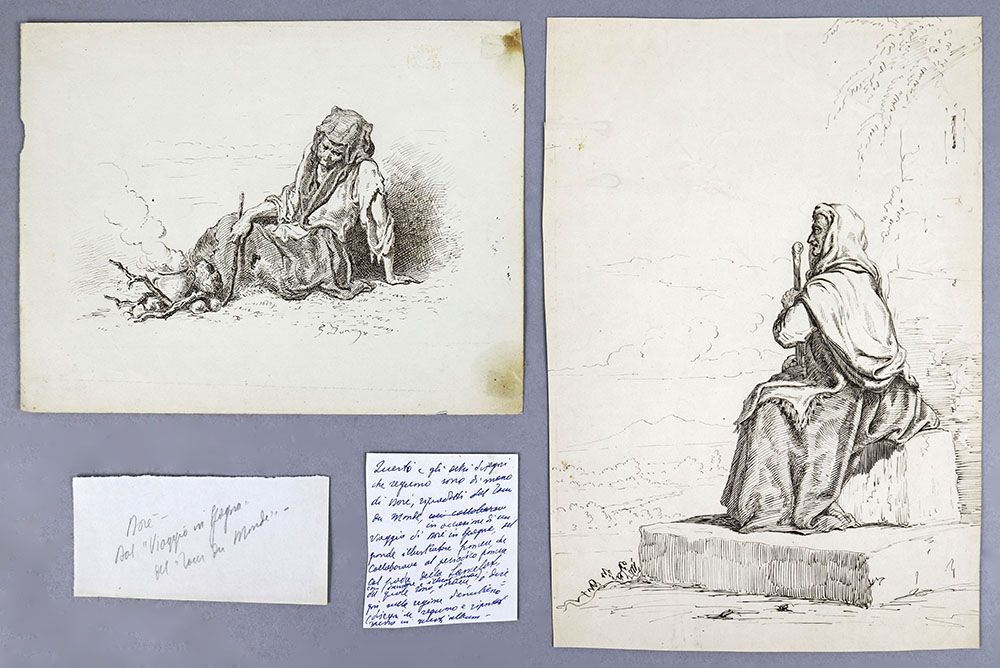 Gustave Doré Gustave Doré (1832 - 1883). Pèlerins au repos. Lot de deux dessins &hellip;