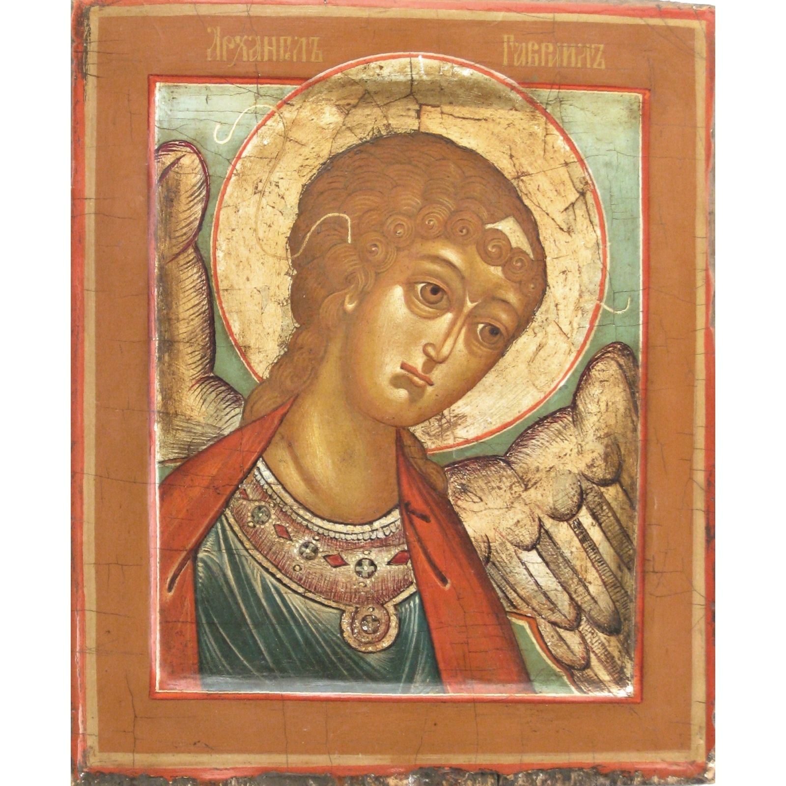Null 描绘 "大天使圣加布里埃尔 "的俄罗斯圣像。20世纪初。蛋彩画，以米色为背景。Cm 27.5 x 22.5。
