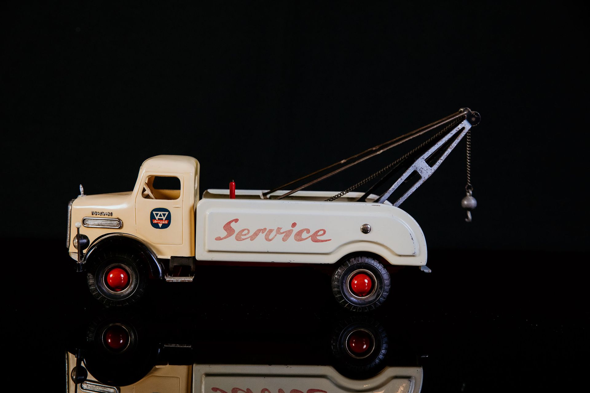 Arnold MAN Service LKW | Jouets Anciens 条件（2） - 锡制玩具，飞轮驱动，功能测试，石印，黄色/米色，50年代，德国制&hellip;