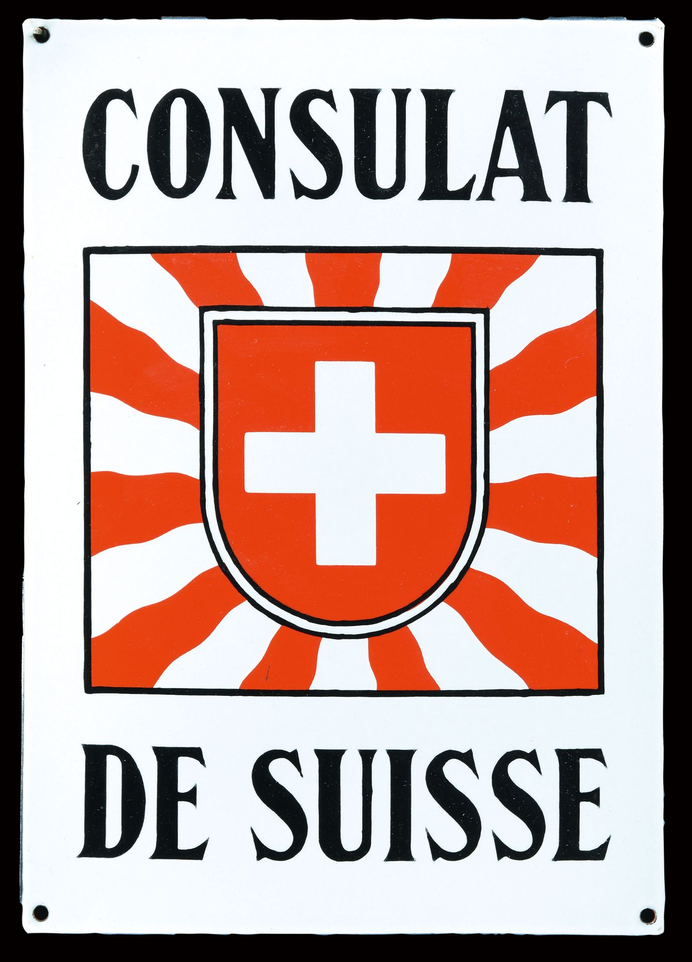 CONSULAT DE SUISSE - PLAQUE EMAILÉE I PUBLICITÉ ANCIENNE 搪瓷标志，圆顶，大胆的糖衣模板，CH，约 19&hellip;