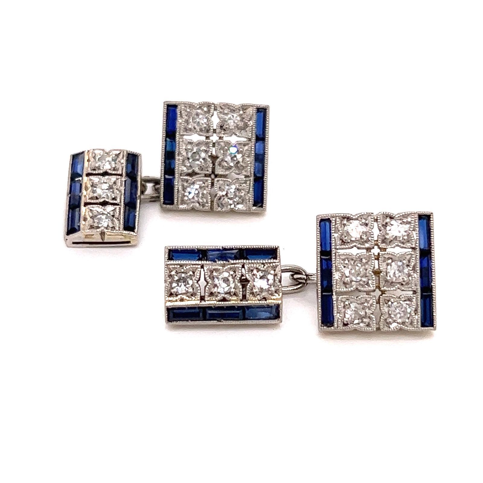 Art Deco Platinum Diamond Sapphire Cufflinks Art Deco Platino Peso 5,71gr Misura&hellip;