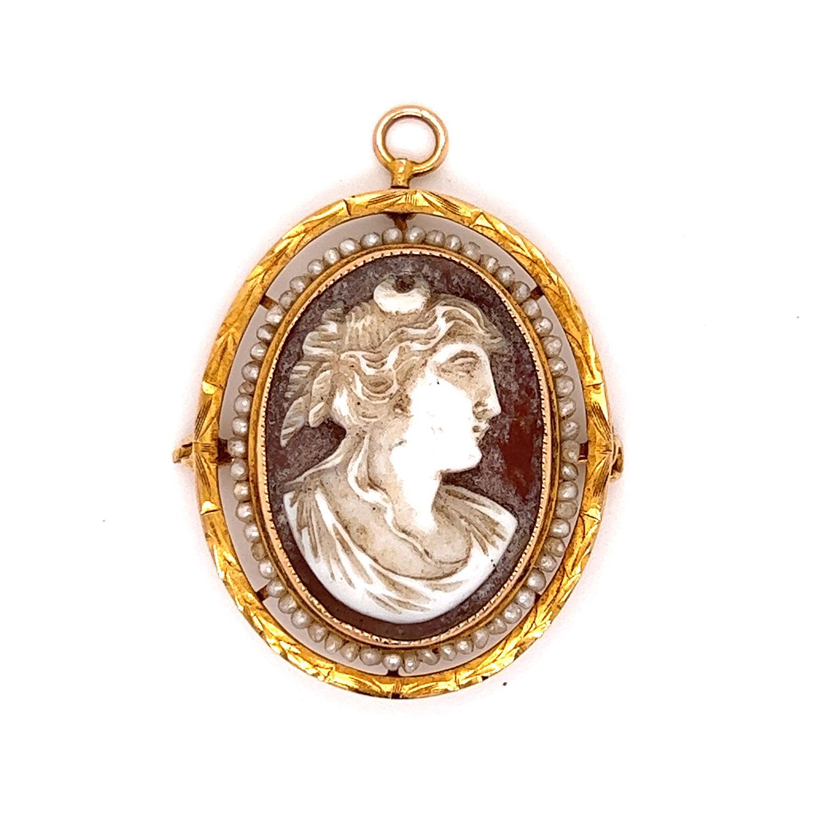 Victorian 18k Cameo Pearl Pendant-Brooch 维多利亚时代18K黄金重量5.23克，尺寸1.52 "x1.05 "浮雕珍珠吊&hellip;
