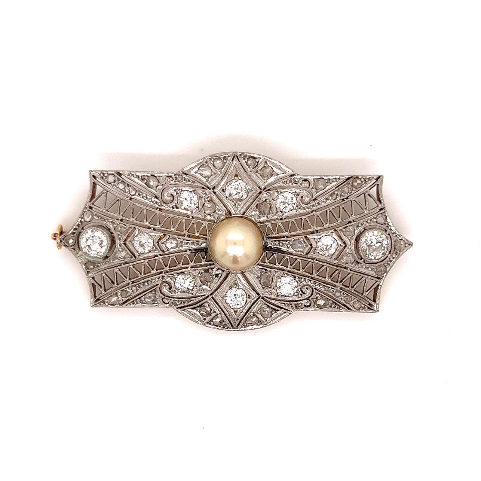 Art Deco Platinum 18k Diamond Pearl Brooch 装饰艺术铂金18K重量13.05克钻石约3克拉珍珠胸针尺寸1.12'x2.&hellip;