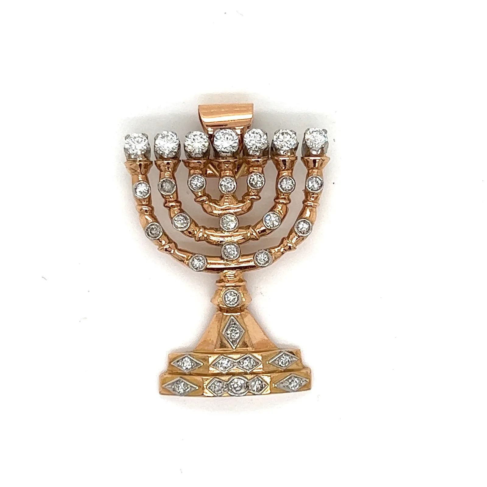 Art Deco 18k Menorah Diamond Pendant 装饰艺术18K粉金，重6.75克，Menorah钻石约0.70克拉，吊坠尺寸为1.2 &hellip;