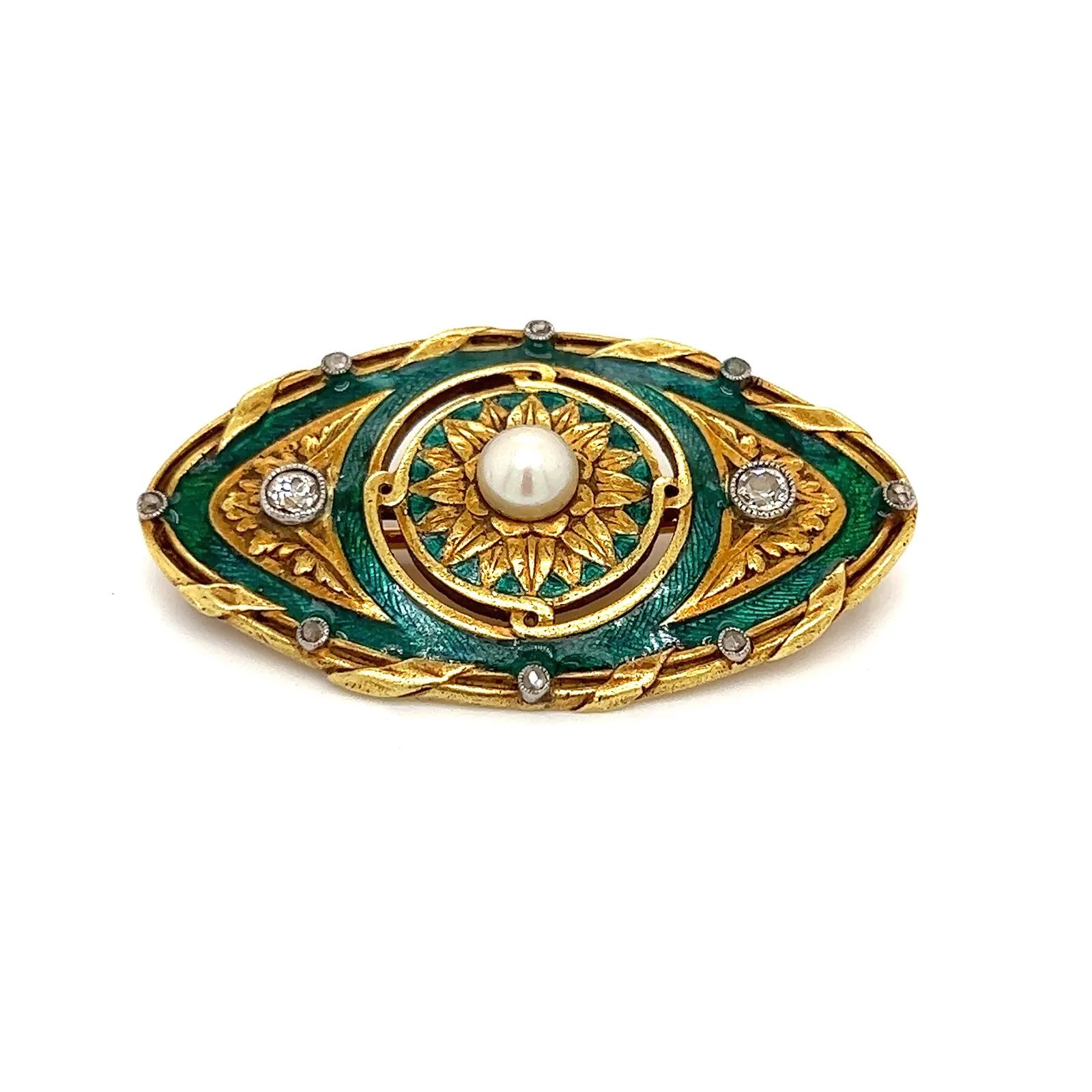 Art Nouveau 18k Enamel Pearl Diamond Brooch 新艺术派18K黄金重量13.38克，尺寸1.62 "x0.94" 珐琅珍&hellip;