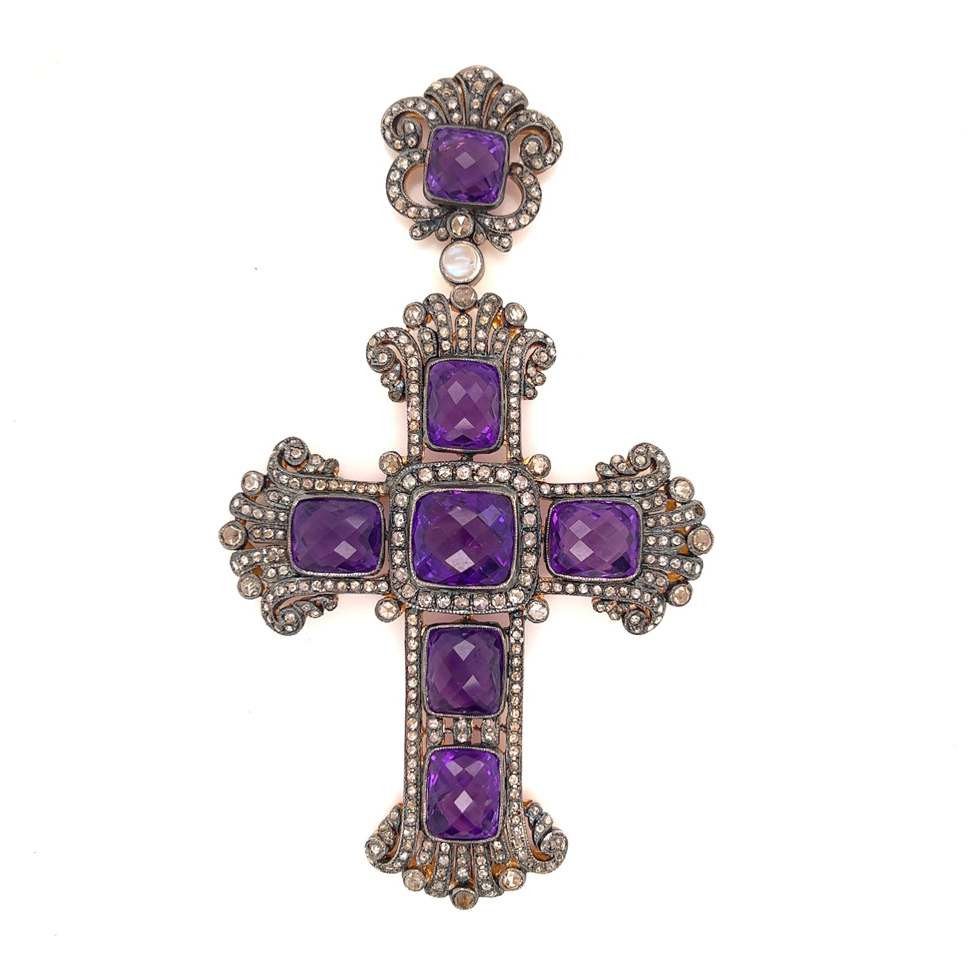 Silver and Gold Amethyst Diamond Cross Pendant Brooch Plata y Oro Peso 29g Amati&hellip;