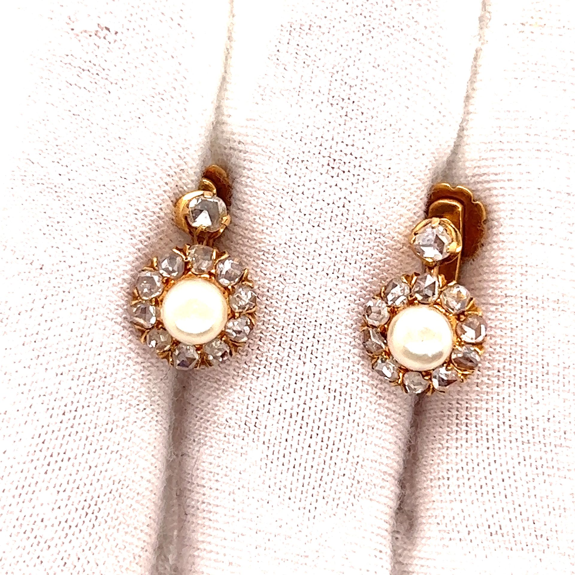 18k Victorian Botton Natural Pearl Diamond Earrings Pendientes de oro amarillo d&hellip;