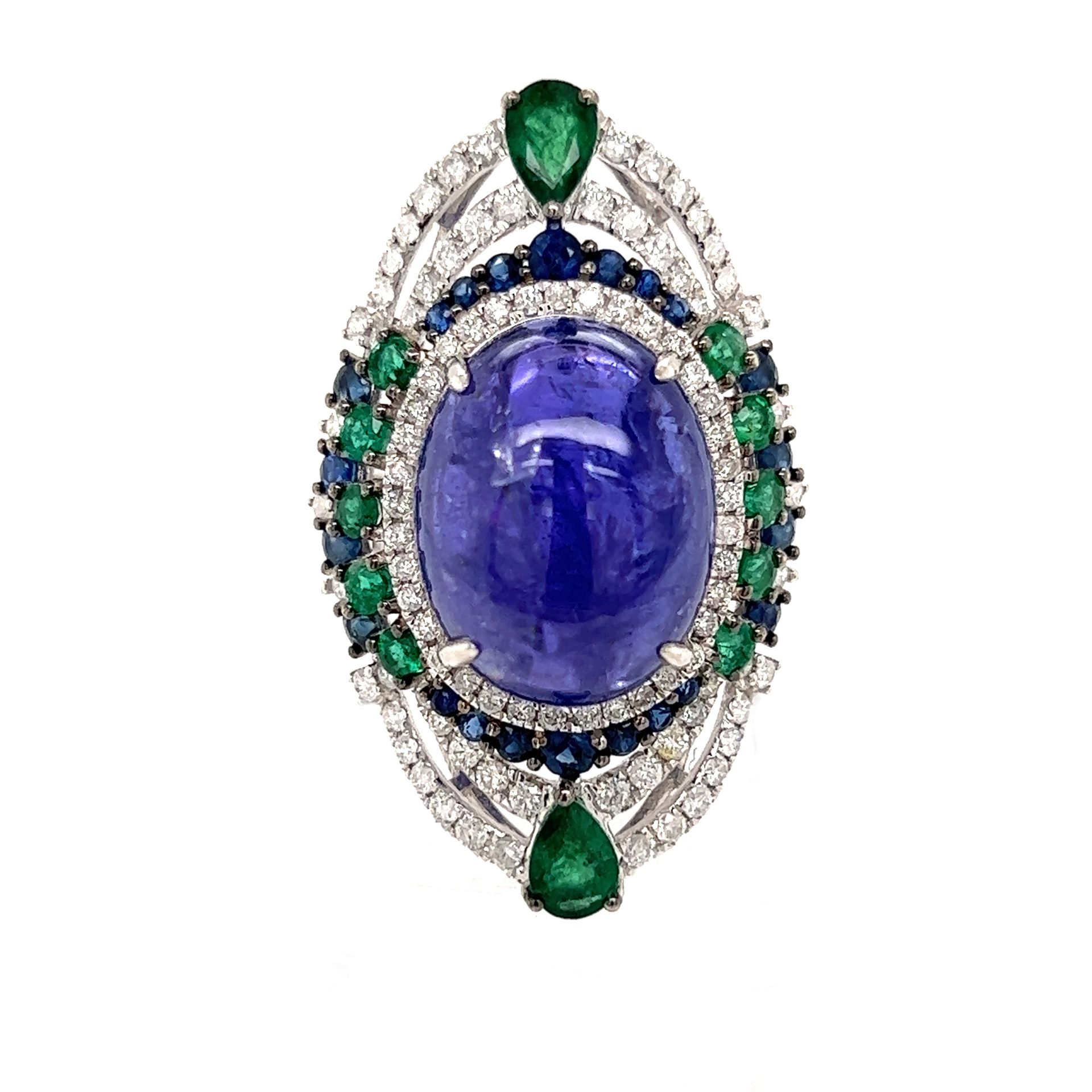 18k Tanzanite Sapphire Emerald Diamond Cocktail Ring 18k Weißgold Gewicht 9.7g T&hellip;