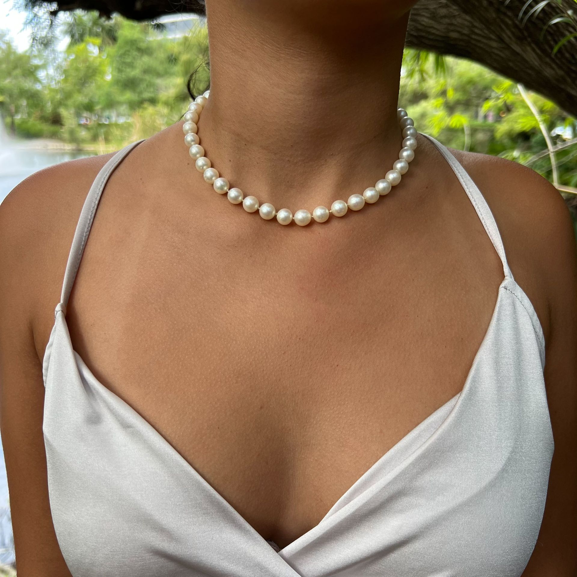 18k Art Deco Pearl Necklace 18K白金重量41.1克装饰艺术珍珠项链18K钻石约0.65克拉扣子尺寸16.5 "x0.52"