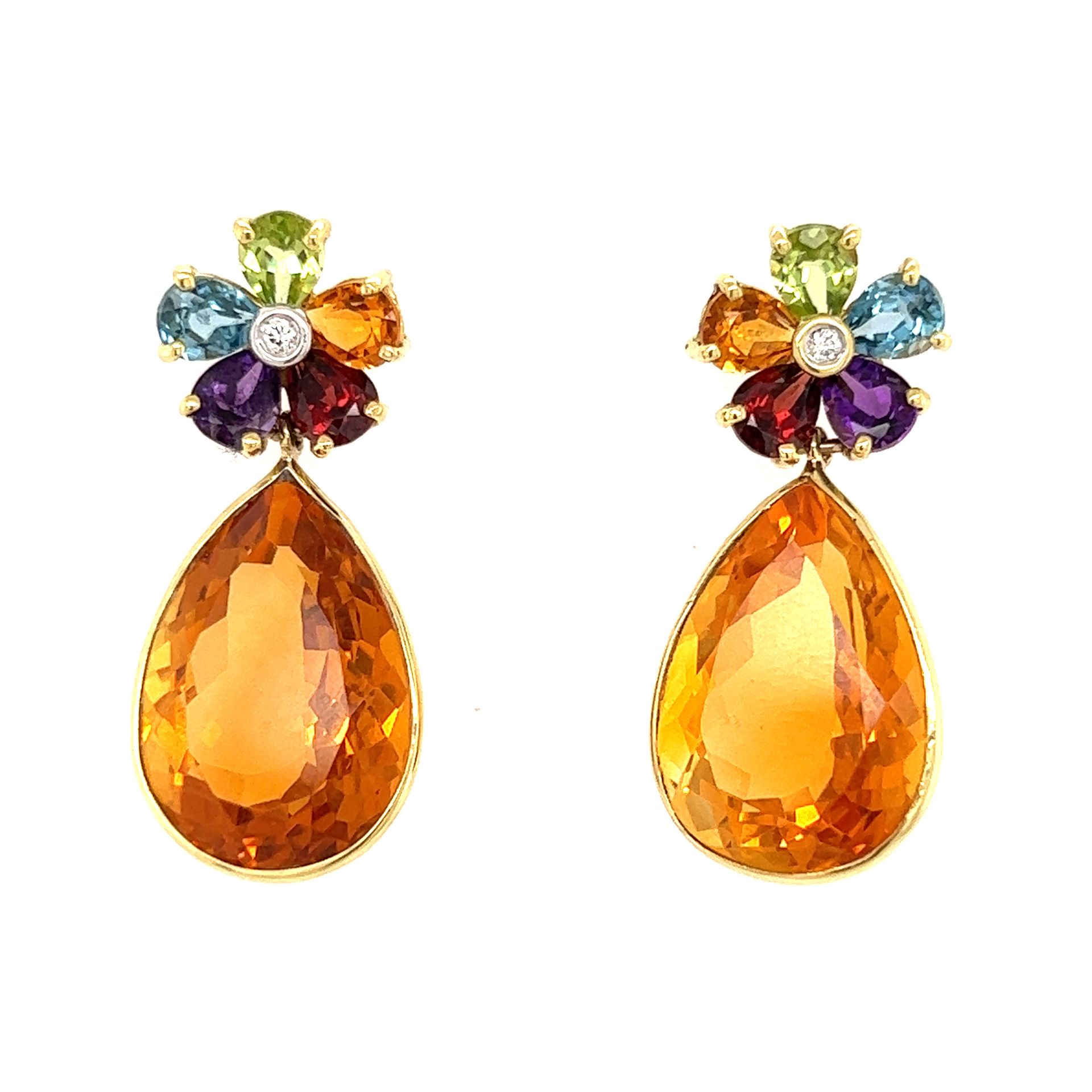 18k Multi-Gem Flower Citrine Earrings 18K黄金 重量9.33克 多宝石橄榄石、黄宝石、紫水晶、石榴石、钻石花黄水晶耳环 &hellip;