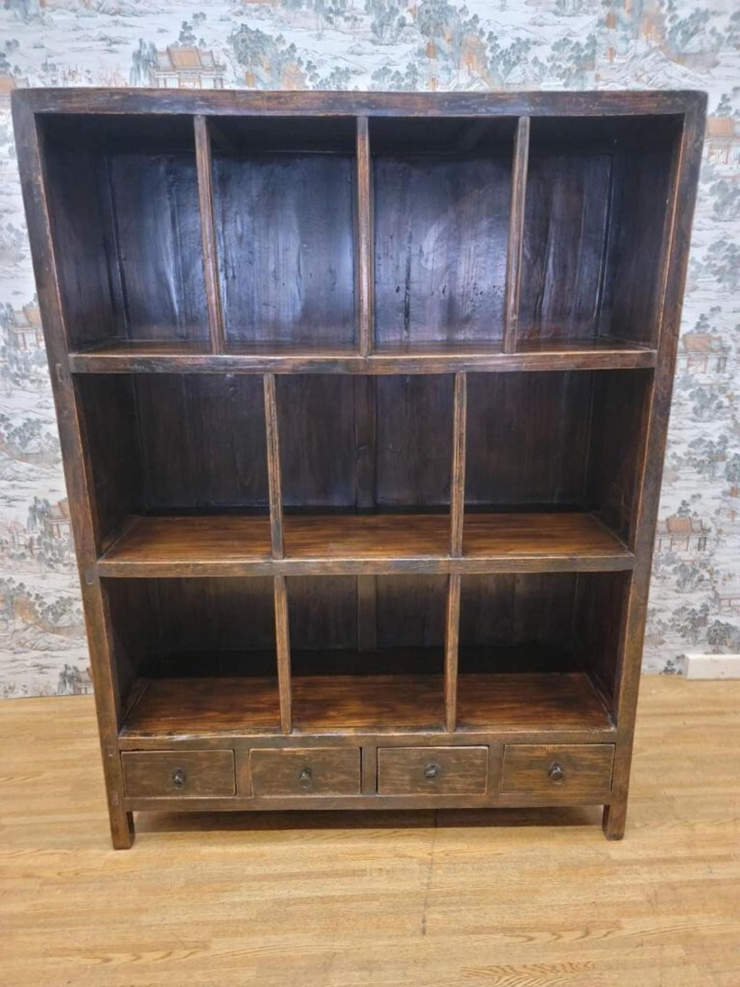 Antique Shanxi Province Elmwood Open Shelf Display Bookcase With Original Brown &hellip;