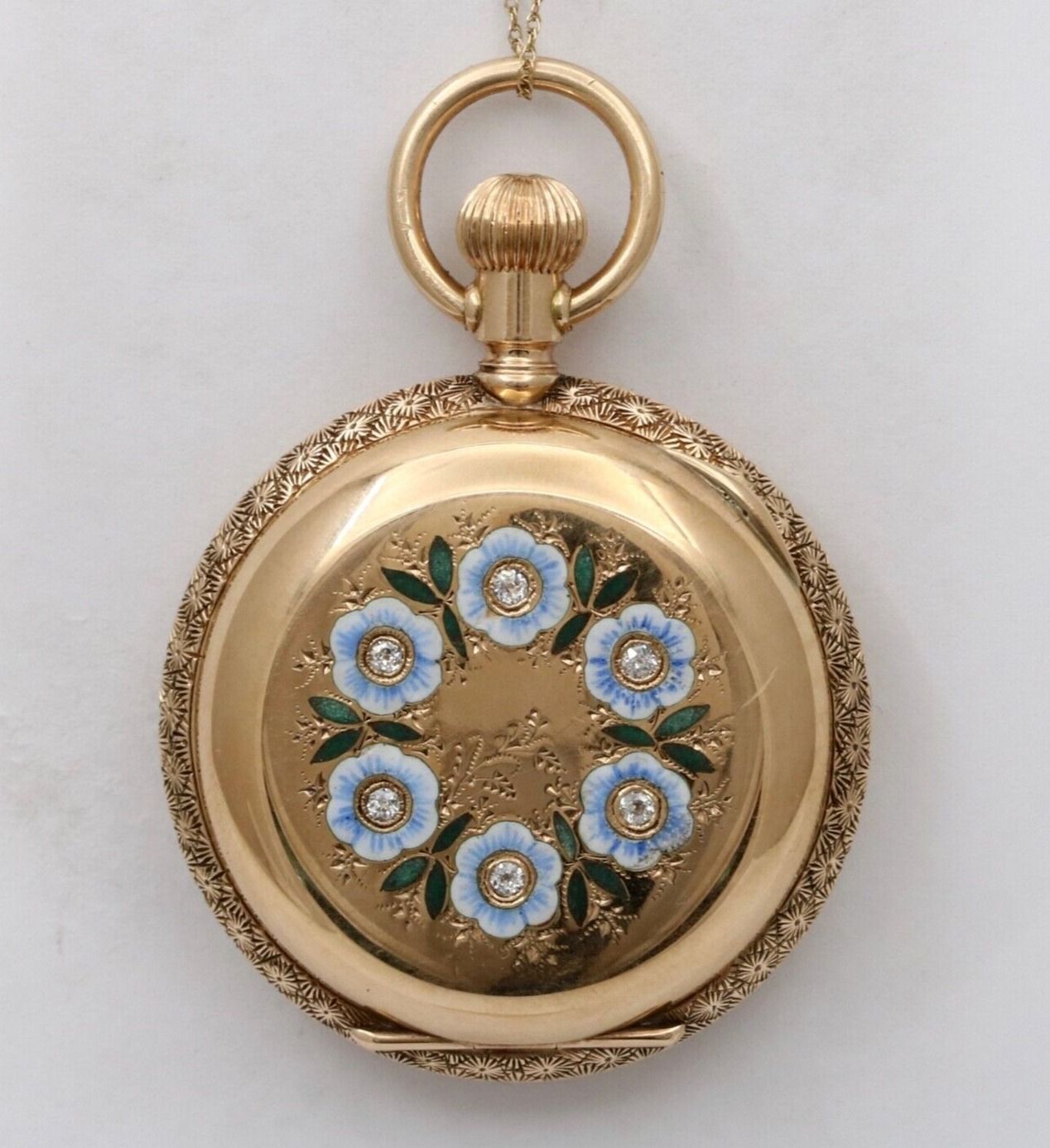 Antique Enamel, Diamond, and 14K Gold Forget Me Not Flower Pocket Watch Montre d&hellip;