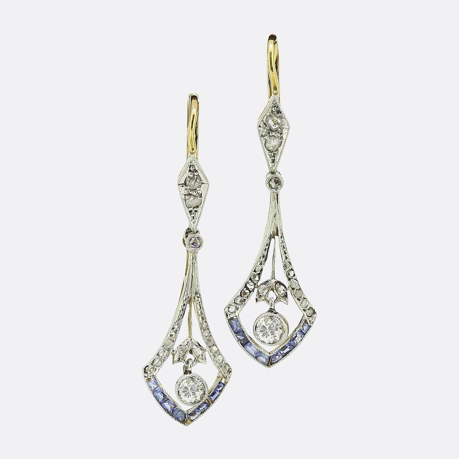 Art Deco Sapphire and Diamond Drop Earrings Pendants d'oreilles Art déco saphir &hellip;