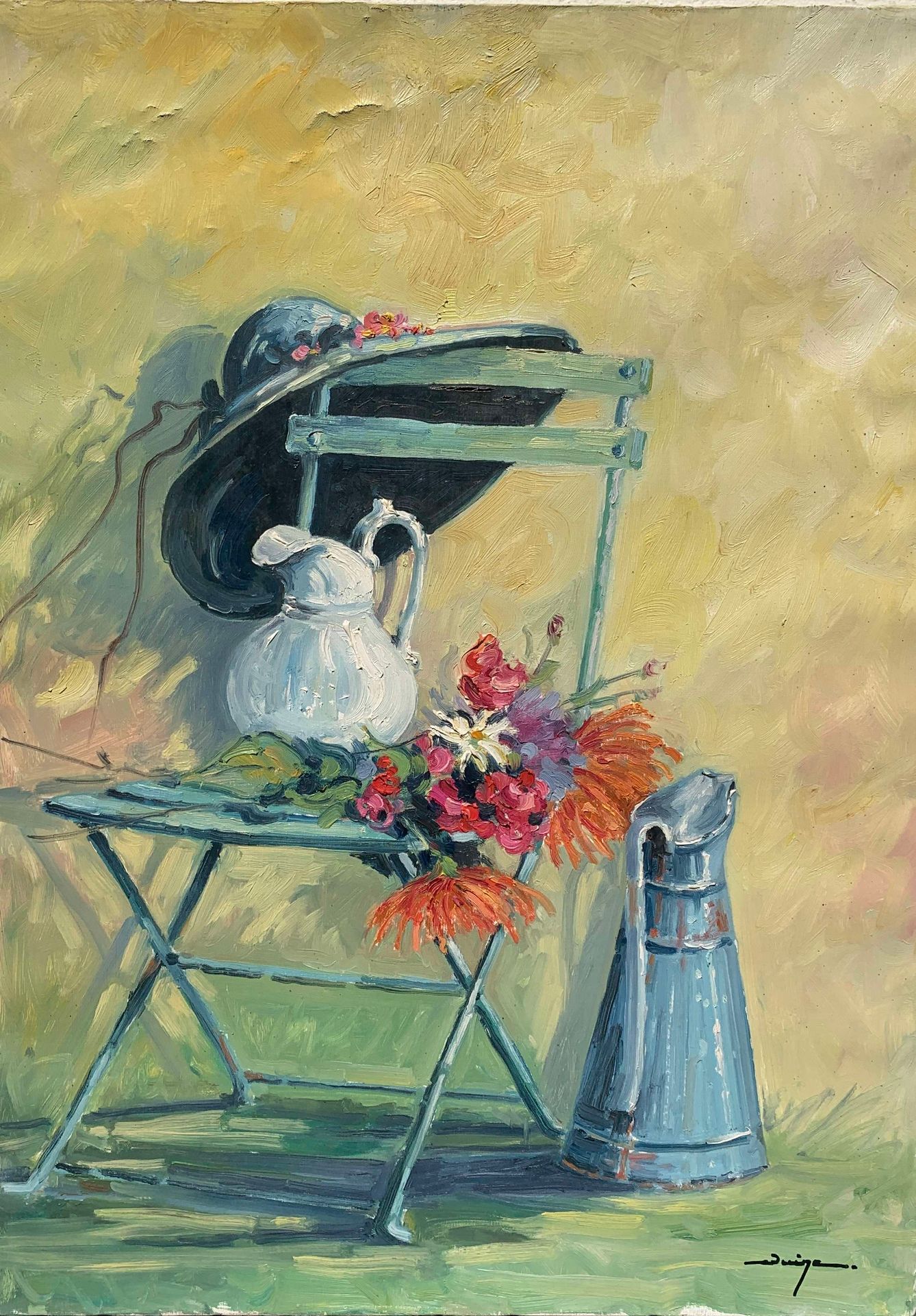 Null 莱昂内尔-乌恩（1937-1994）。

有椅子和帽子的静物。

布面油画，右下角有签名。背面有签名，标题为 "La chaise au Jardin&hellip;