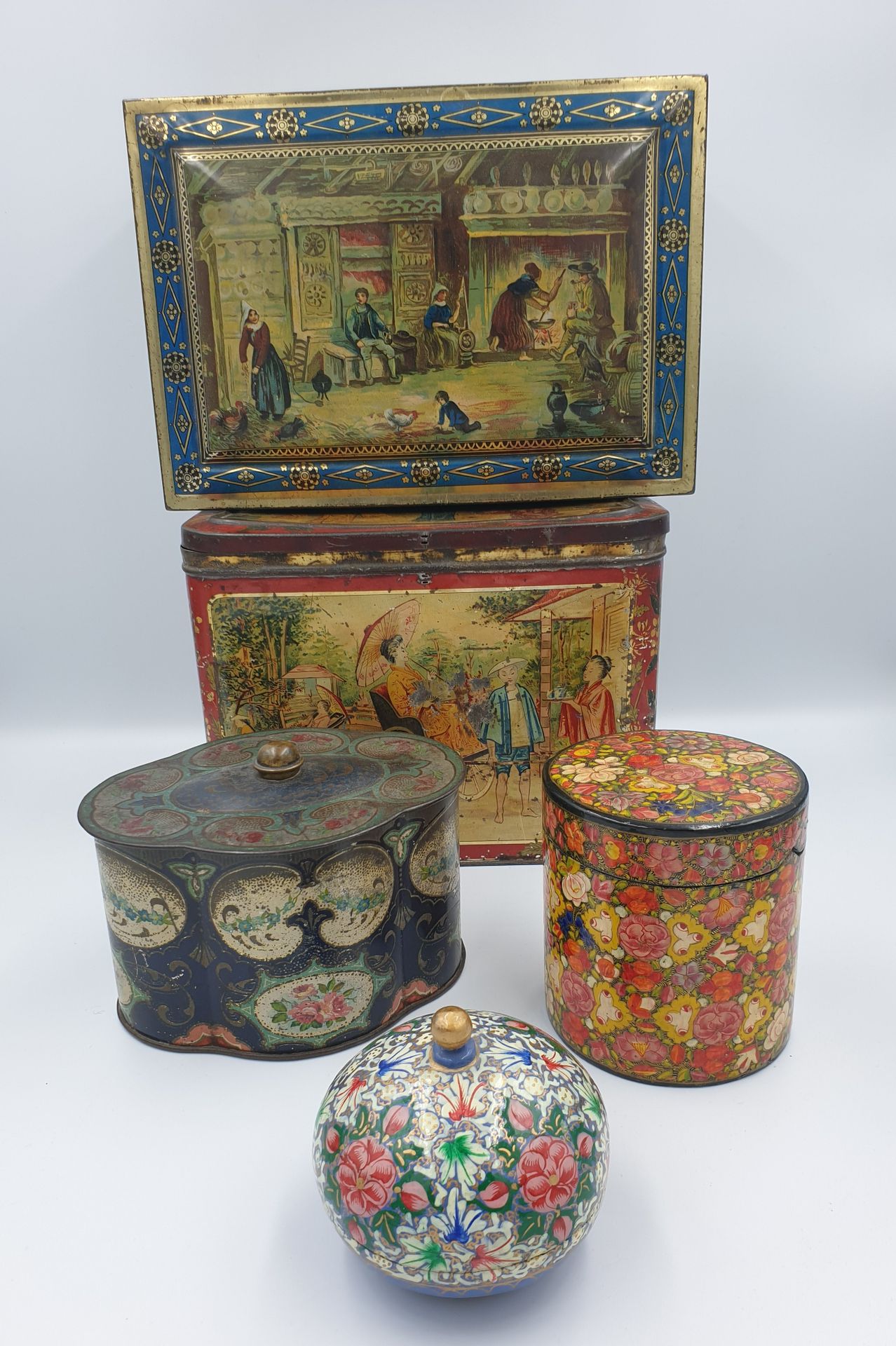 Null Lot including three iron boxes with printed decoration and two paper mache &hellip;