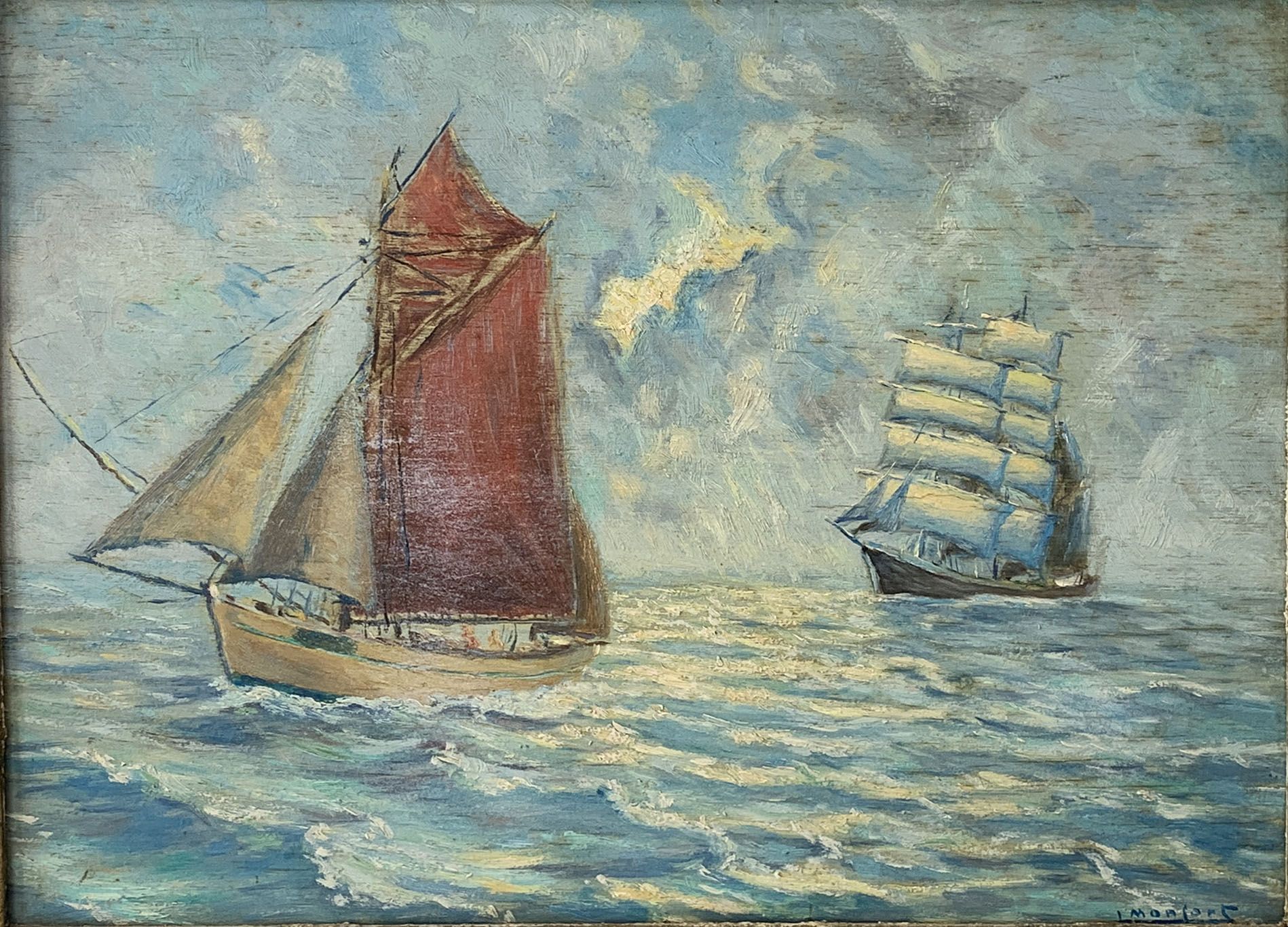 Null 20世纪的学校。

帆船。

板上油彩。

右下角有签名 "L. MONFORT"。

27 x 35厘米