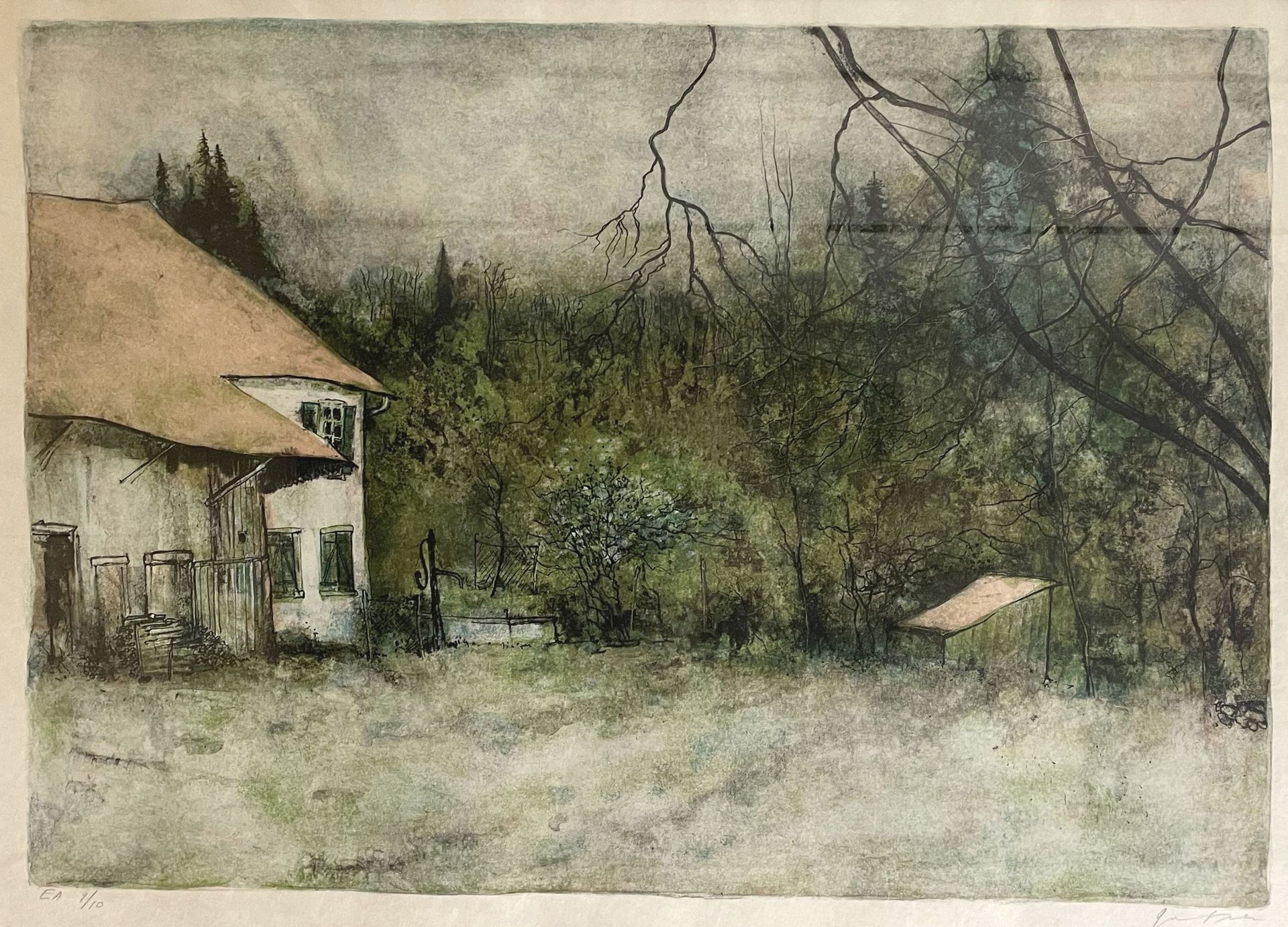 Null Bernard GANTNER (1928-2018): 

Landscape at the farm

Lithograph signed in &hellip;