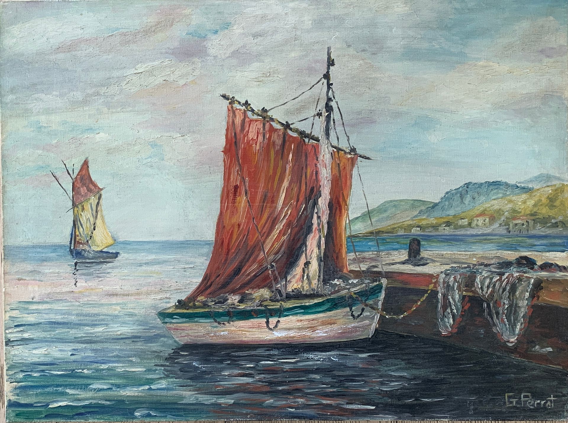 Null G.PERROT（20岁）。

帆船在港口。

布面油画，右下角有签名。

 x cm