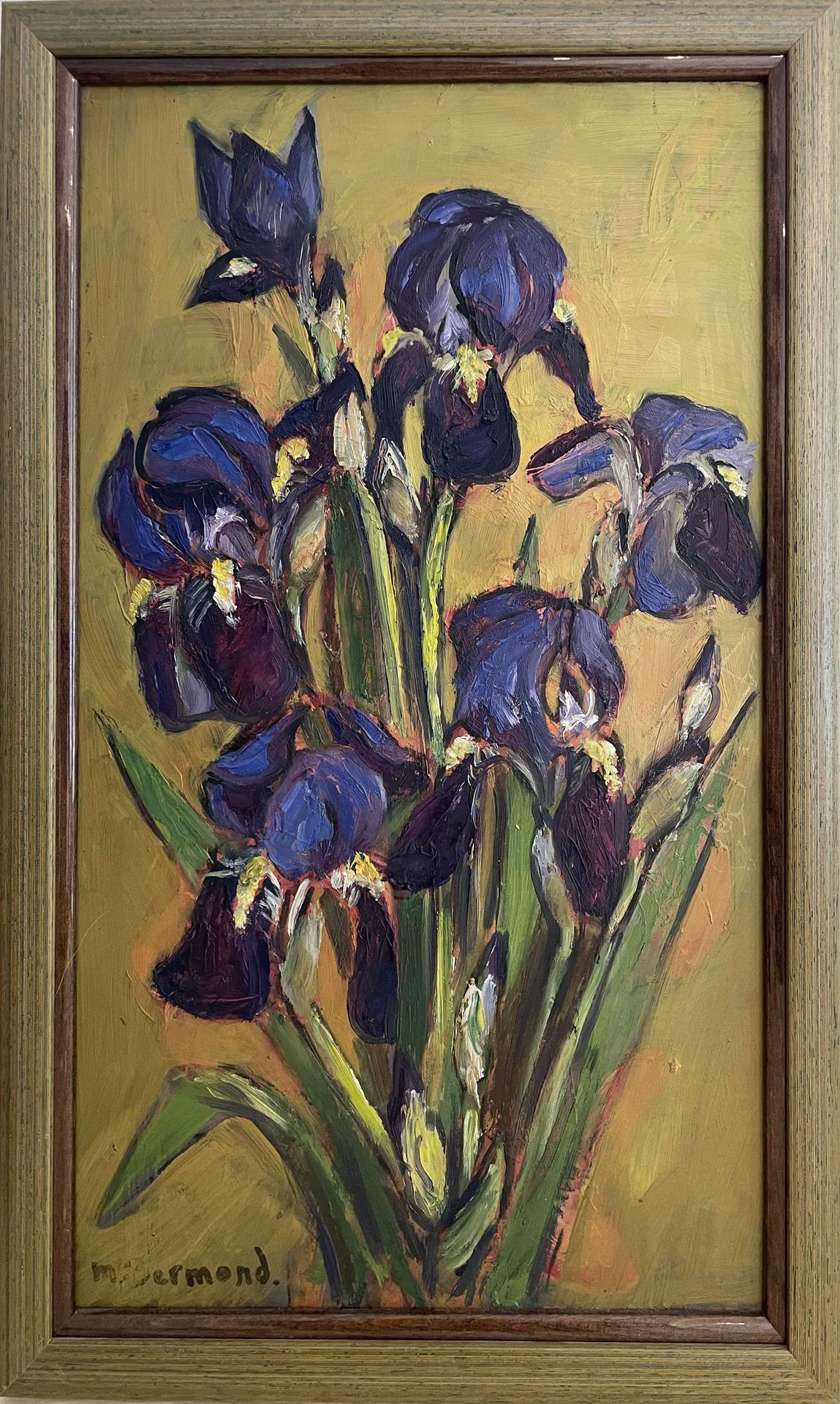 Null Marguerite BERMOND (1911-1991) : 

Iris violets. 

Huile sur carton signé e&hellip;