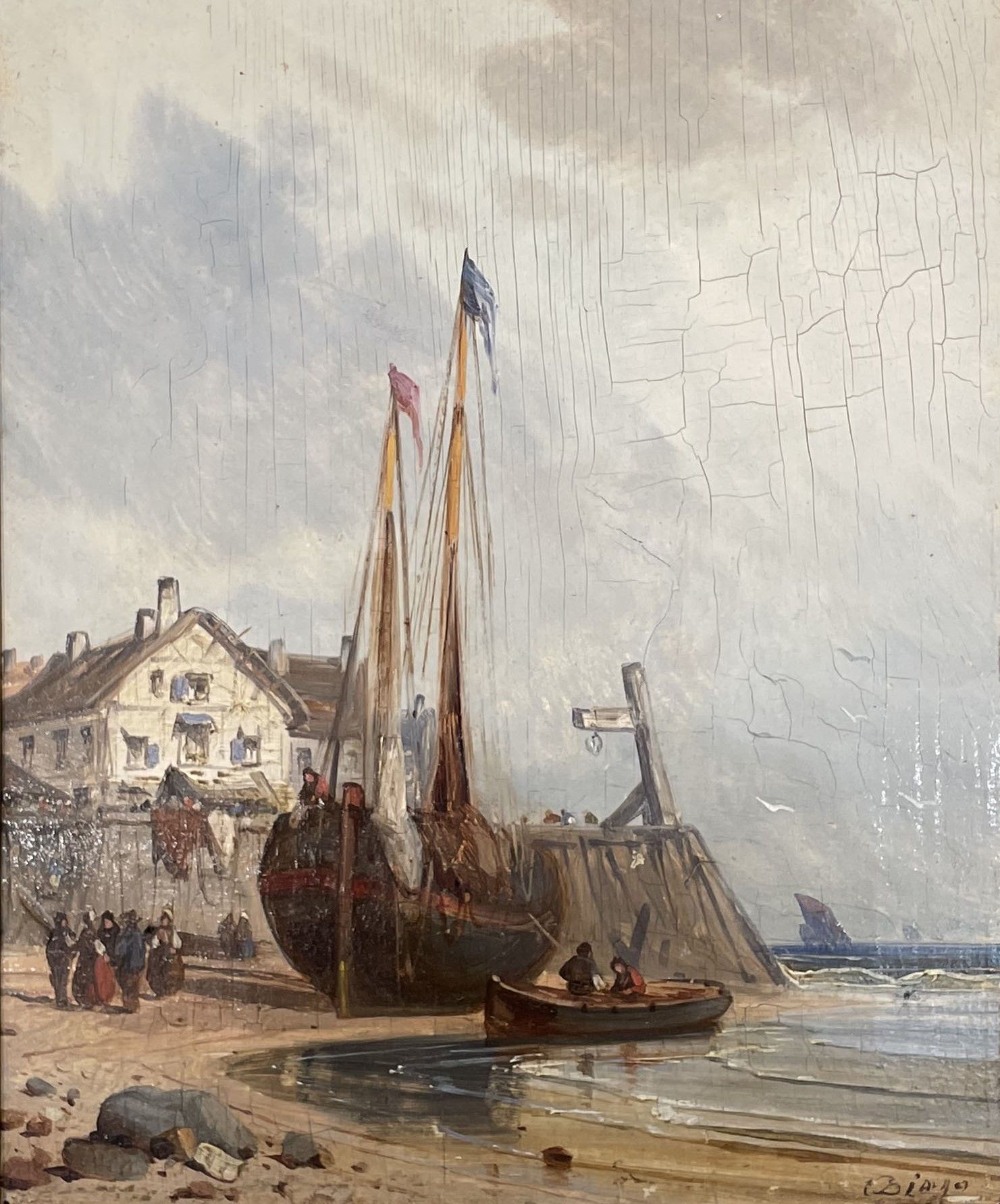 Null 19世纪的法国画派，符合欧仁-德夏耶和查尔斯-库瓦塞格的品味。
停泊的渔船 
板面油画，右下角有一个难以辨认的签名
25 x 18,5 cm