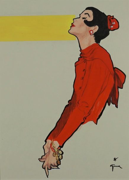 René GRUAU (1909-2004) FEMME DE PROFIL EN ROUGE Encre et gouache sur papier. Sig&hellip;