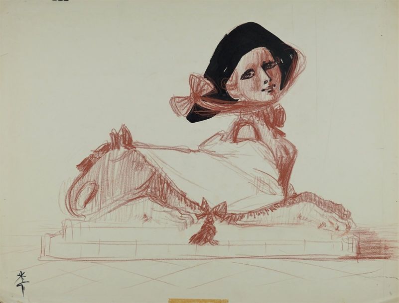 René GRUAU (1909-2004) FEMME SPHINGE. Crayon gras et encre sur papier. Signé en &hellip;