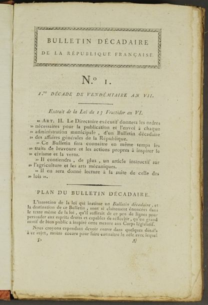 BULLETIN DECADAIRE DE LA REPUBLIQUE FRANÇAISE . Paris,Imprimerie de la Républiqu&hellip;