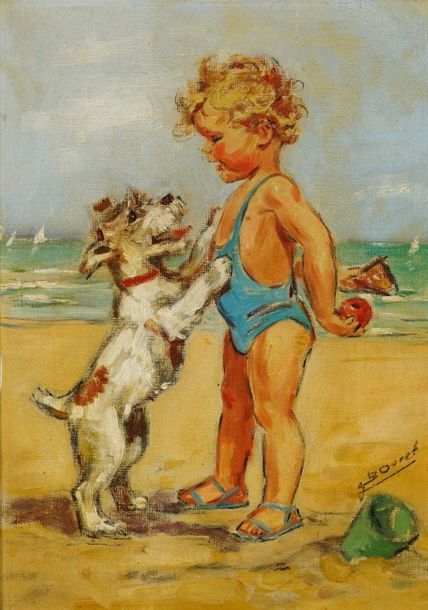 GERMAINE BOURET Jeux de plage. C. 1930.Rare huile sur toile illustrant un des th&hellip;
