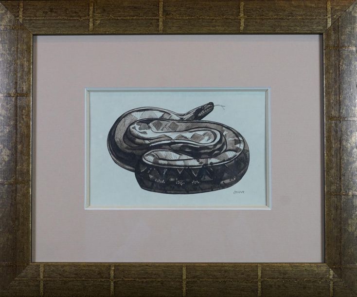 Paul JOUVE d’après. Python lové, gravure , signée. 14 x 23 cm