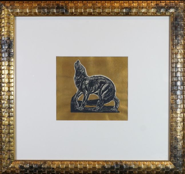 Paul JOUVE d’après. Loup hurlant, gravure sur fond or. 31 x 25 cm
