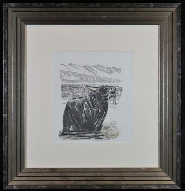 Paul JOUVE d’après. Water Buffalo engraving, signed. 26 x 23 cm