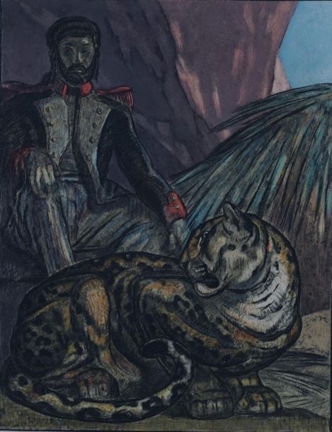 Paul JOUVE d’après. Soldier and panther color engraving. 25 x 20 cm