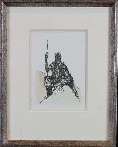Paul JOUVE d’après. Seated character, color engraving. 28 x 22 cm
