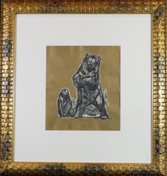 Paul JOUVE d’après. Bears, engraving on gold background. 27 x 23 cm