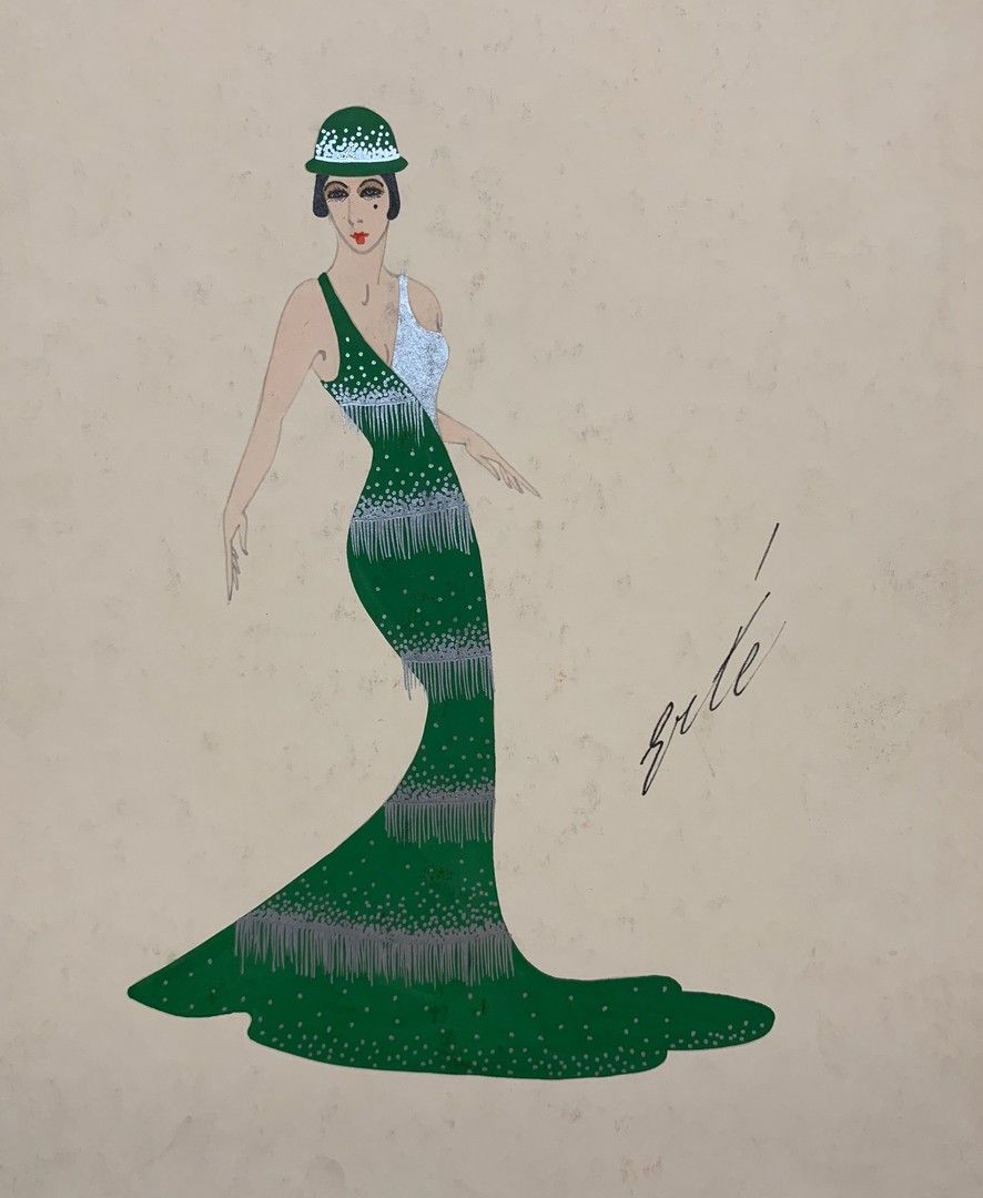 ERTE (1892-1990) 穿着绿色礼服的优雅 水粉和铅笔在纸板上 - 右侧有签名 - 29 x 24 cm - 状态良好