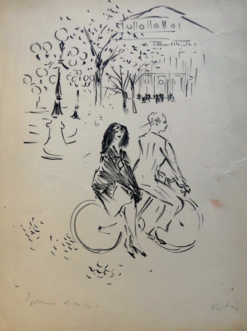 VERTèS Marcel (1895-1961) COUPLE OF CYCLIST. Lithograph - Artist's proof lower l&hellip;