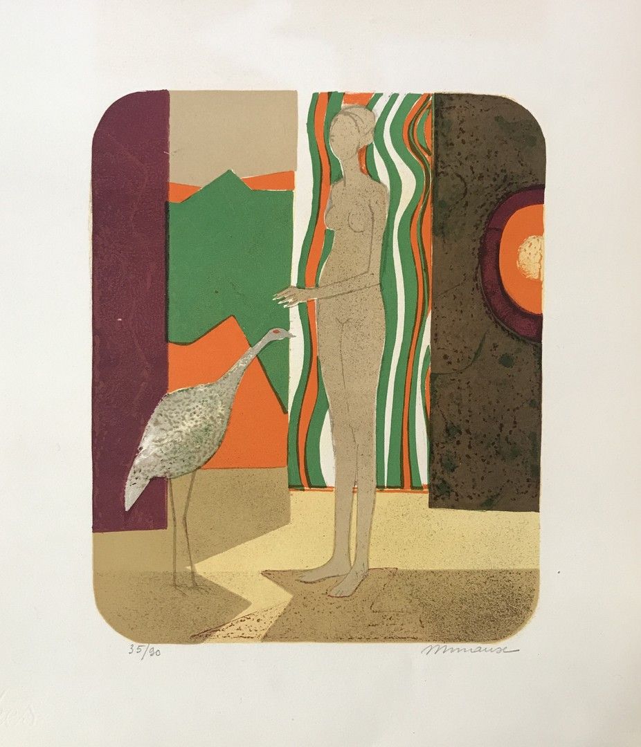 MINAUX André (1923-1986) La donna e l'uccello. Litografia su pergamena intorno a&hellip;