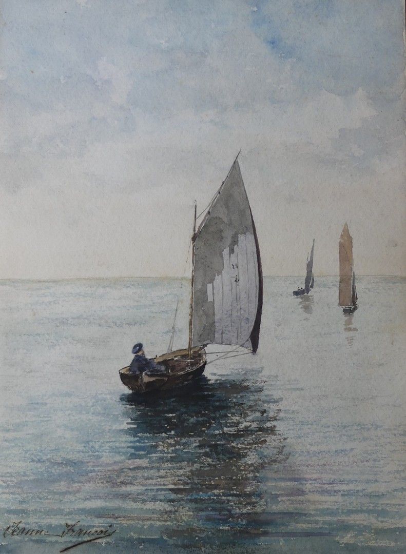 JEANNE FRANÇOIS 海上的帆船 - 纸上水彩 - 左下角有签名 - 38 x 28 cm - 状态良好